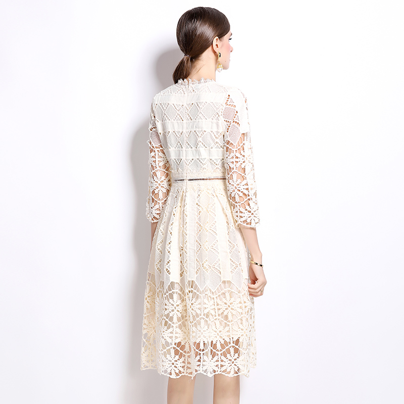 Hollow long sleeve printing slim lace dress