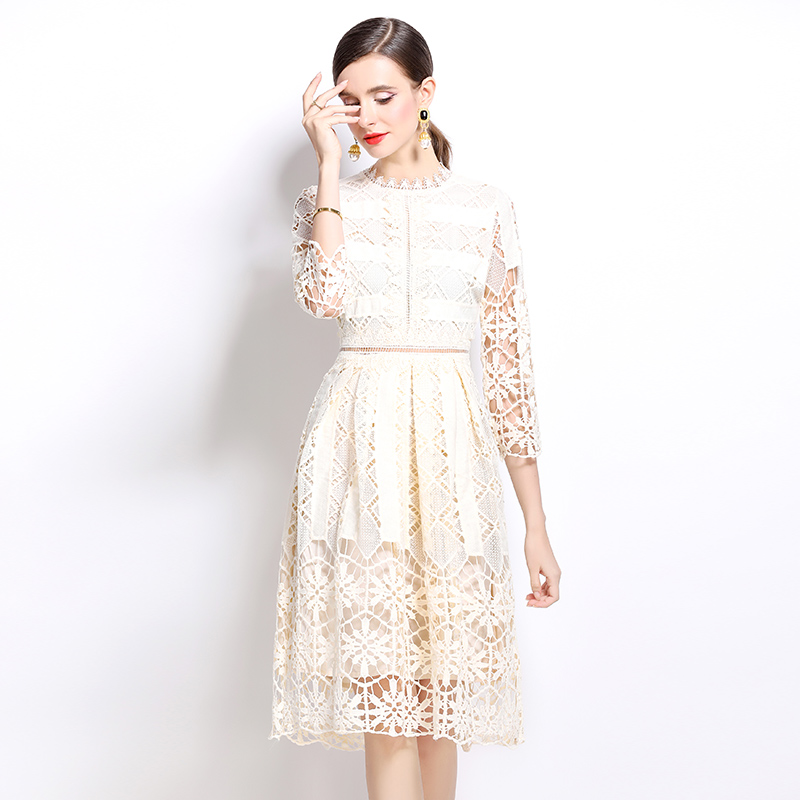 Hollow long sleeve printing slim lace dress