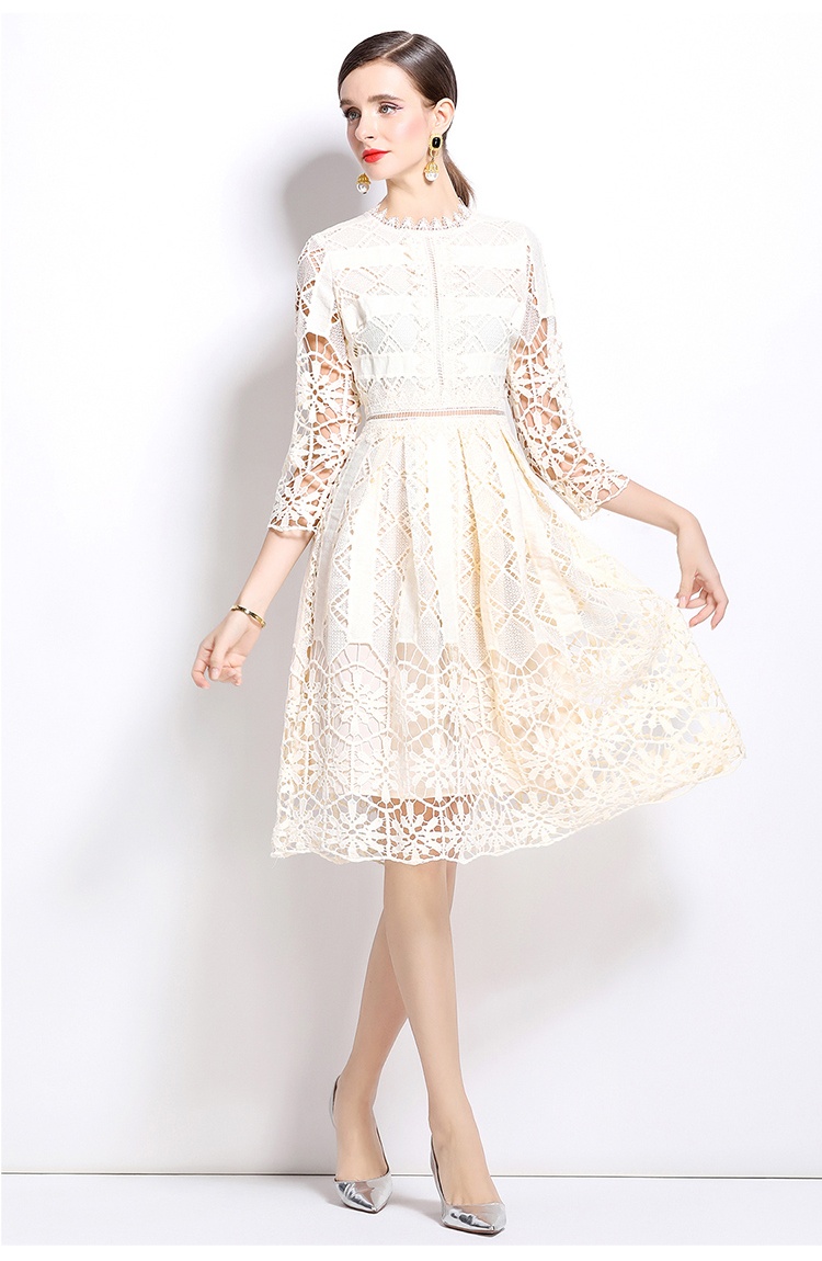 Hollow long sleeve printing slim lace dress