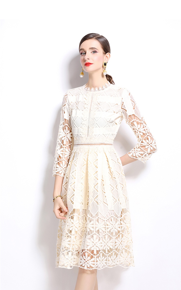 Hollow long sleeve printing slim lace dress