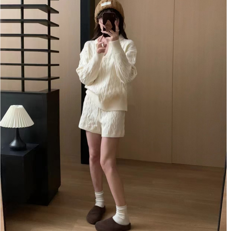 Winter pullover shorts lazy Casual sweater a set for women