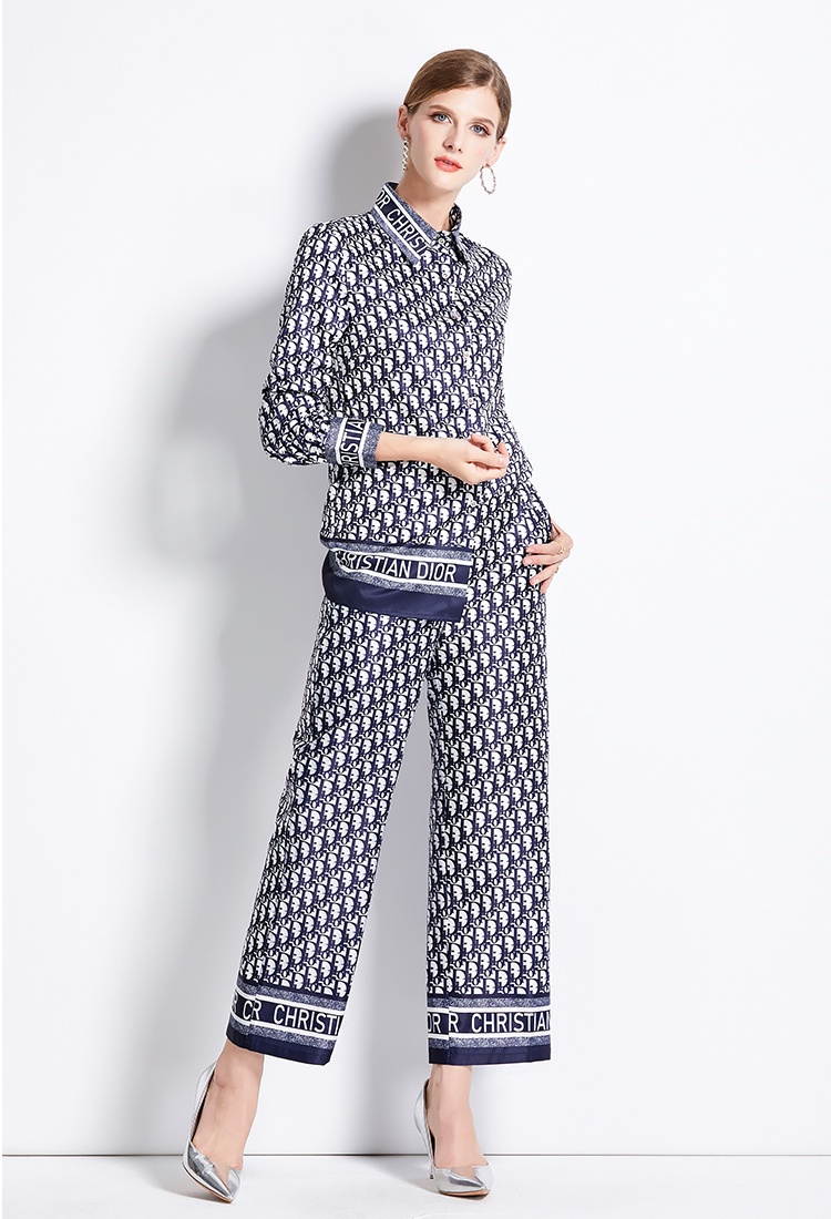 All-match loose wide leg pants printing slim shirt a set