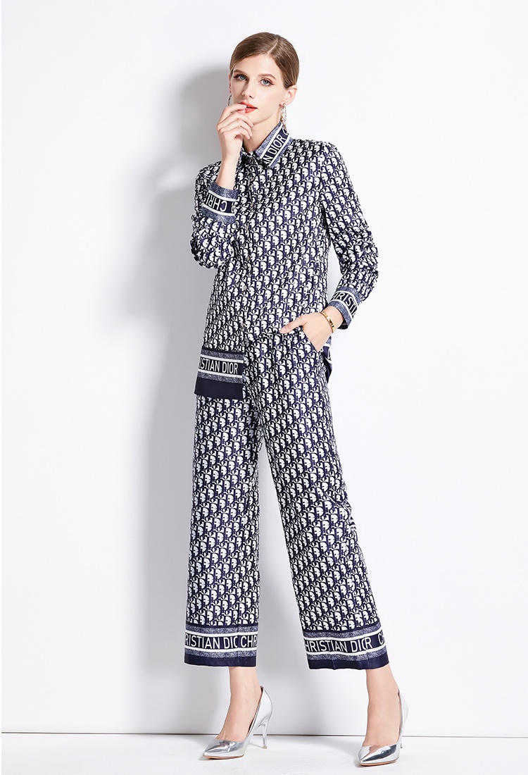 All-match loose wide leg pants printing slim shirt a set