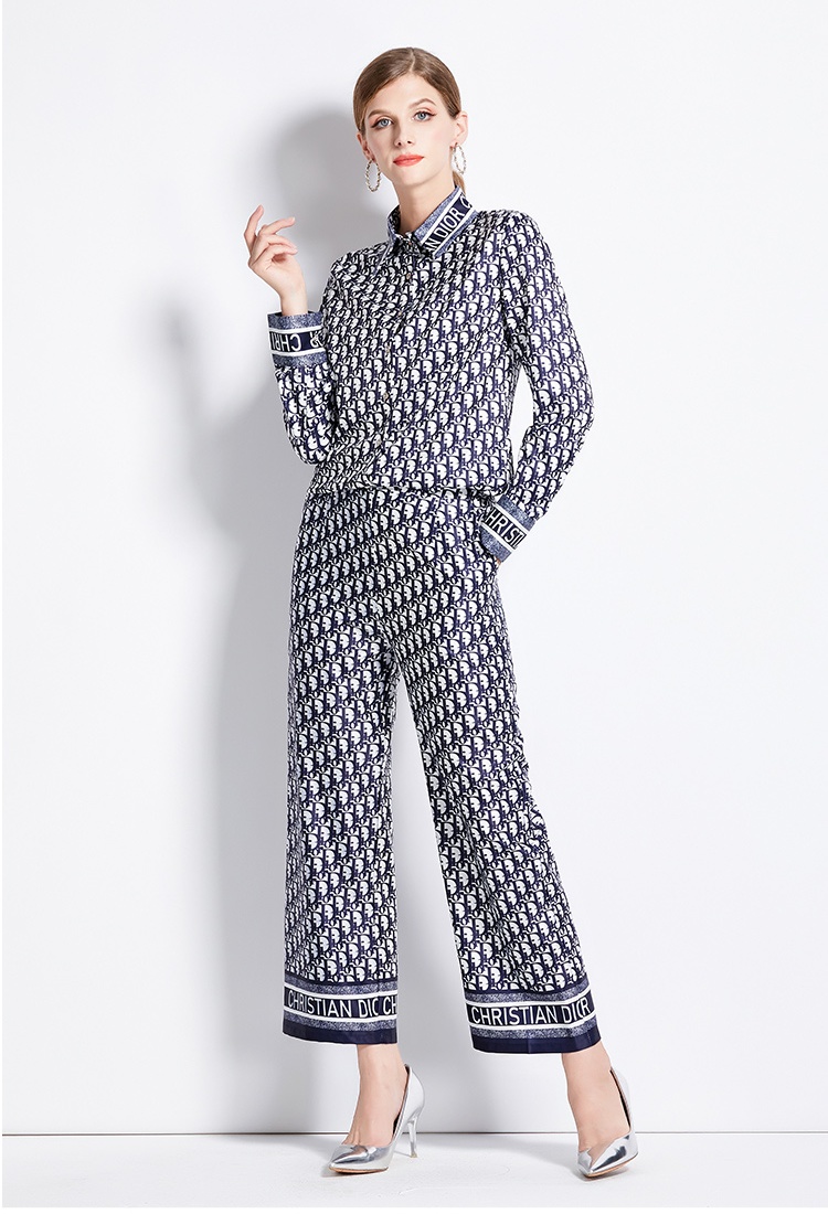 All-match loose wide leg pants printing slim shirt a set