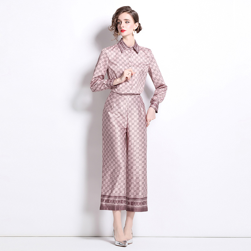 All-match wide leg pants slim shirt a set