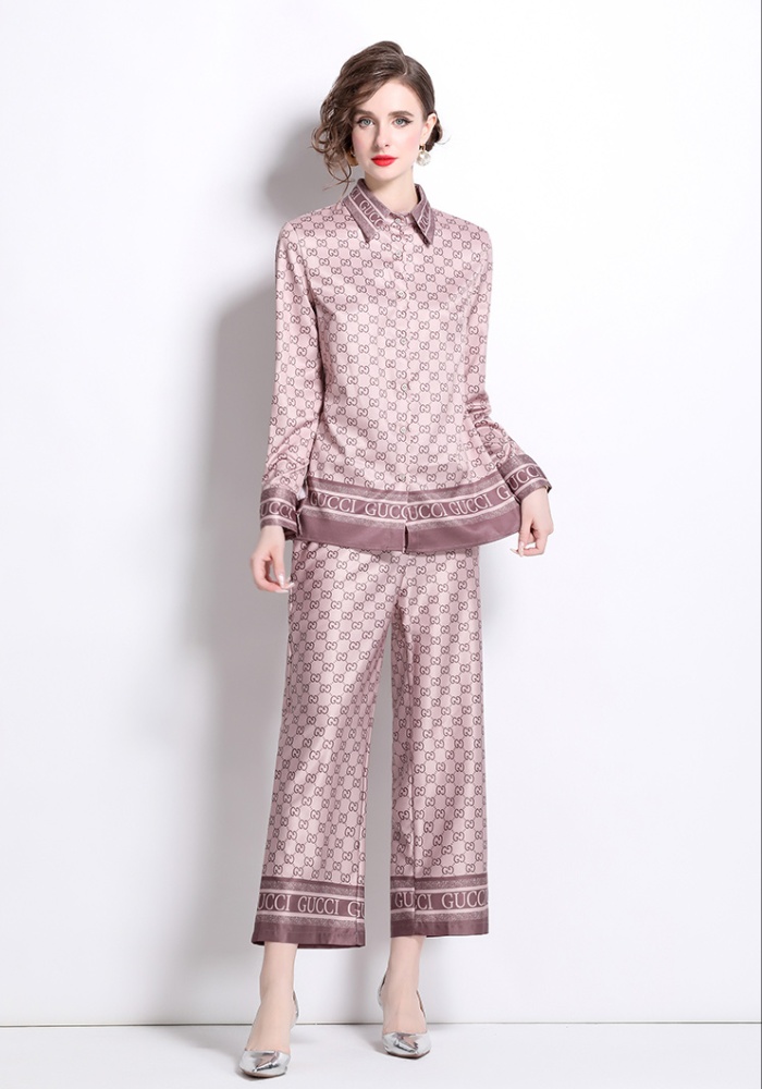 All-match wide leg pants slim shirt a set