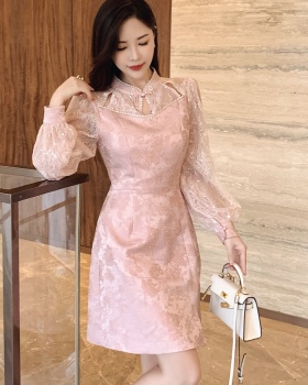 Pink pinched waist dress cstand collar A-line cheongsam