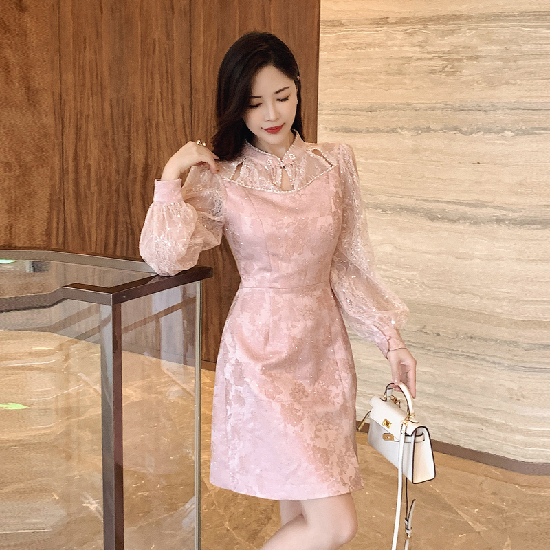 Pink pinched waist dress cstand collar A-line cheongsam