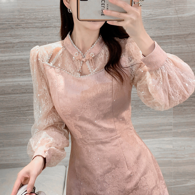 Pink pinched waist dress cstand collar A-line cheongsam