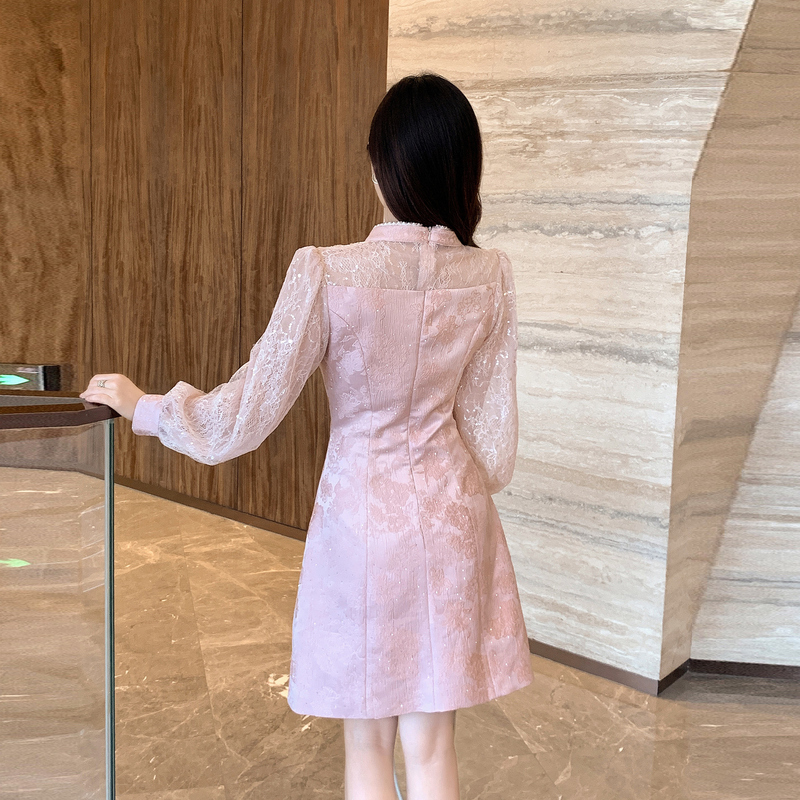 Pink pinched waist dress cstand collar A-line cheongsam