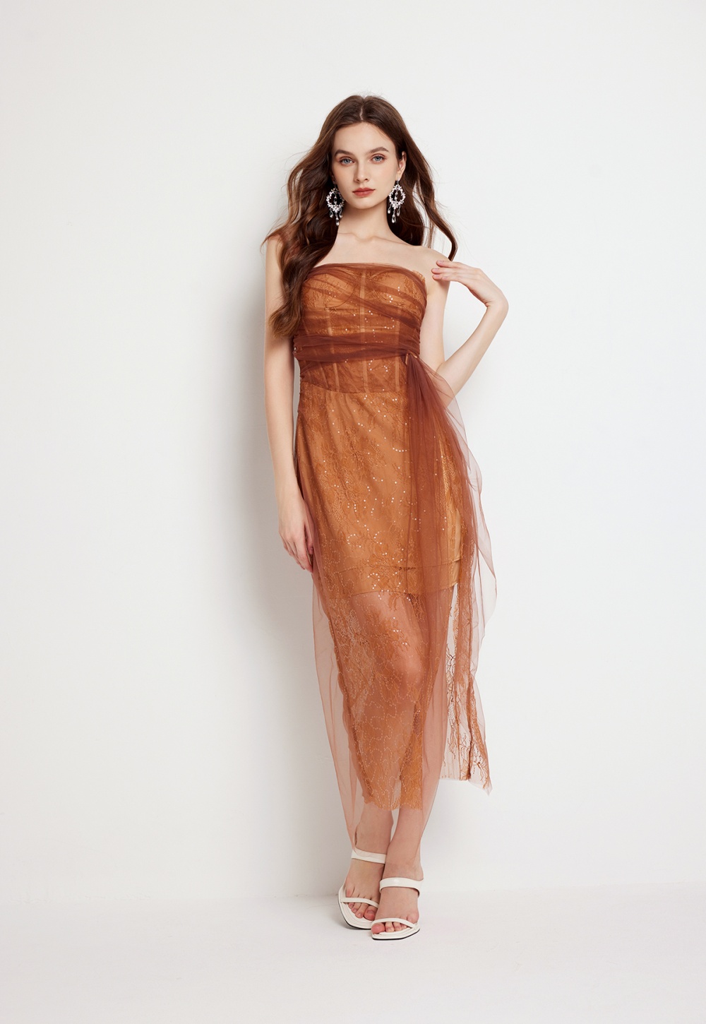 Sequins gauze stereoscopic fold lace slim dress