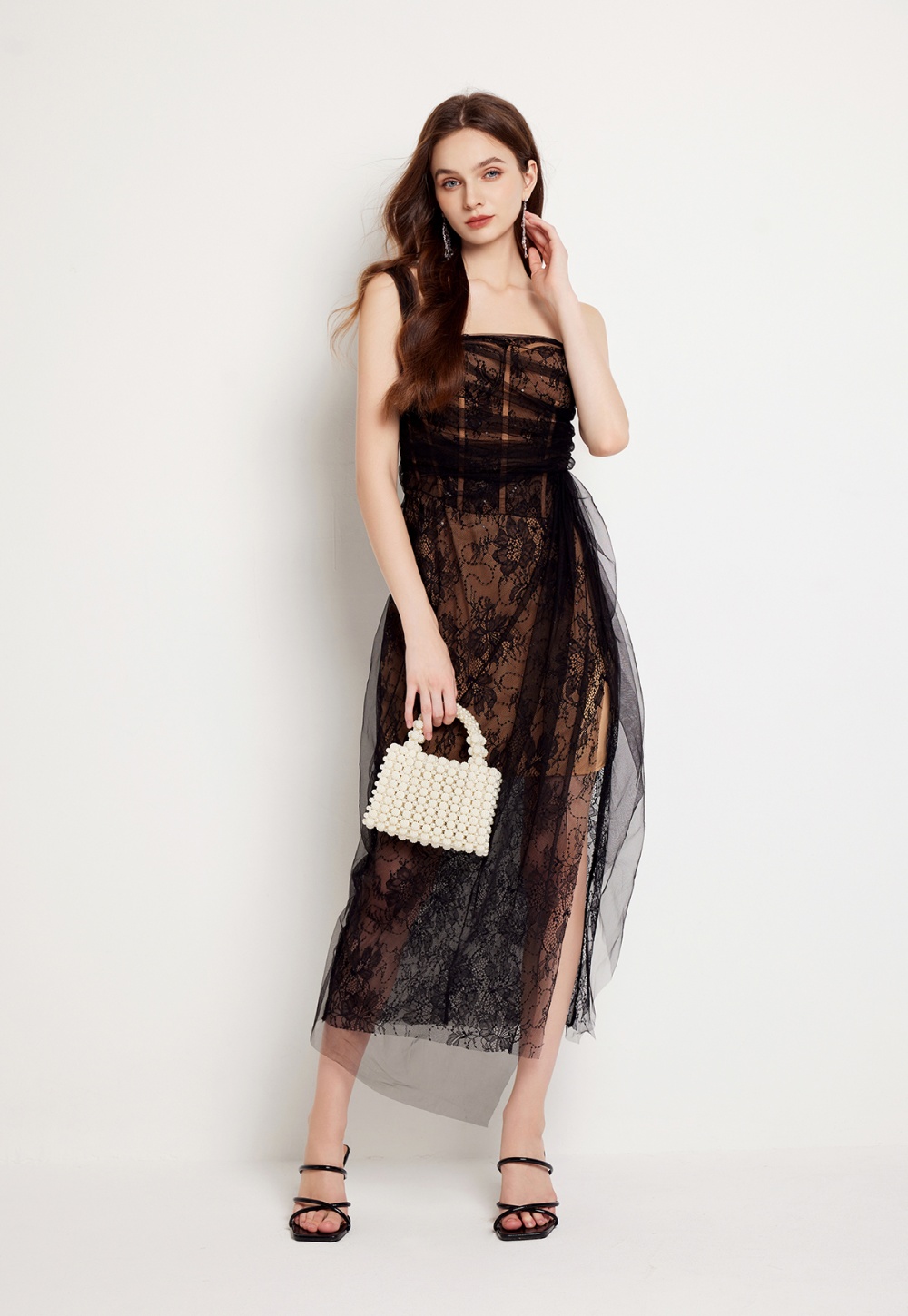 Sequins gauze stereoscopic fold lace slim dress