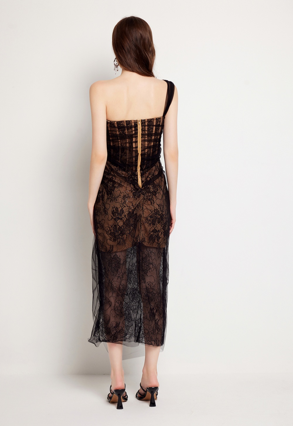 Sequins gauze stereoscopic fold lace slim dress