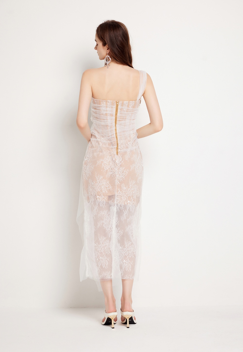 Sequins gauze stereoscopic fold lace slim dress