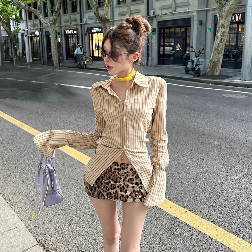 Back hollow trumpet sleeves tops niche sexy shirt for women