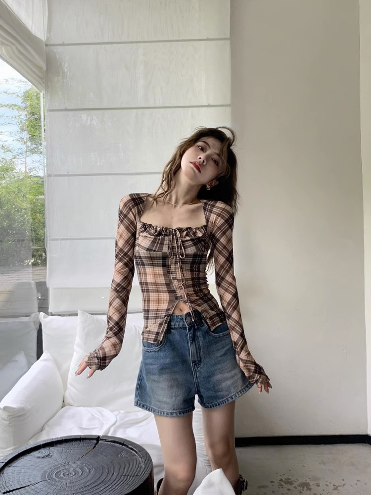 Bandage plaid shirt American style tops for women