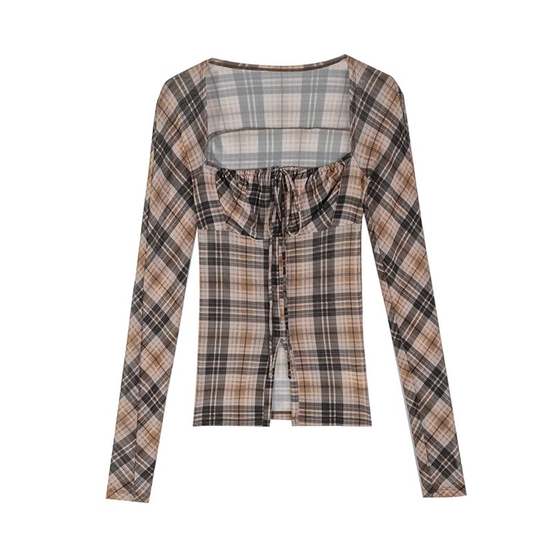 Bandage plaid shirt American style tops for women