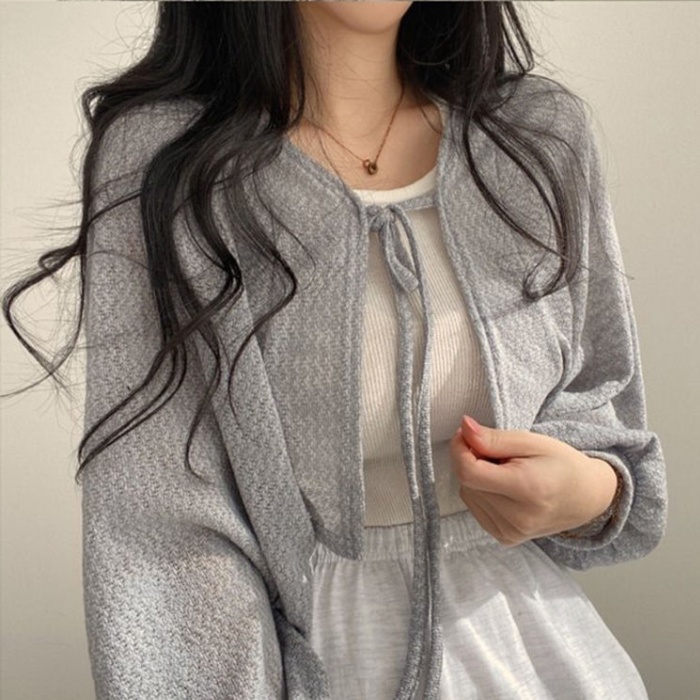 Short bandage cardigan Korean style retro coat for women