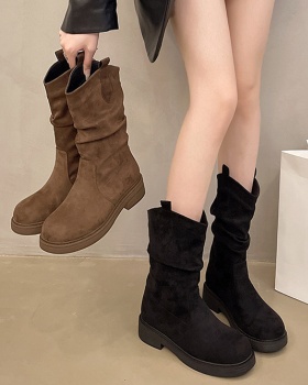 Retro fold thick thigh boots round flat boots