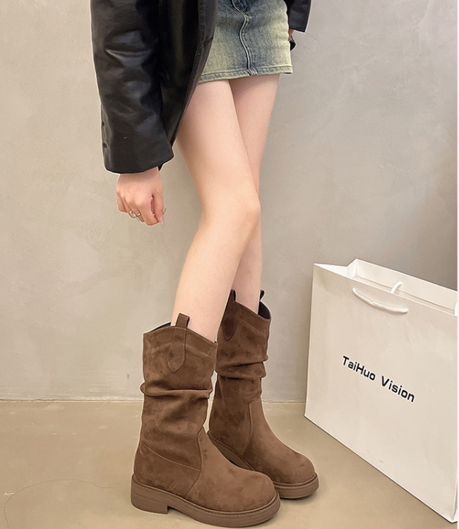 Retro fold thick thigh boots round flat boots