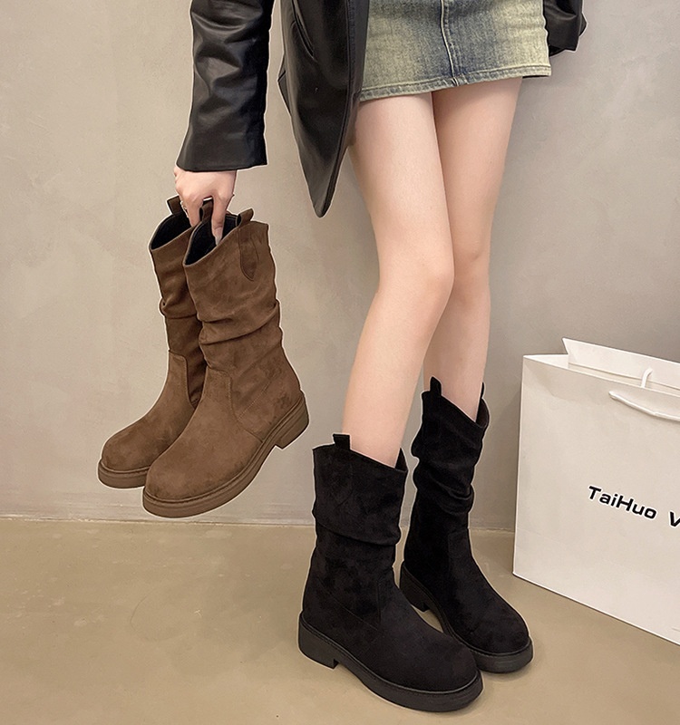 Retro fold thick thigh boots round flat boots