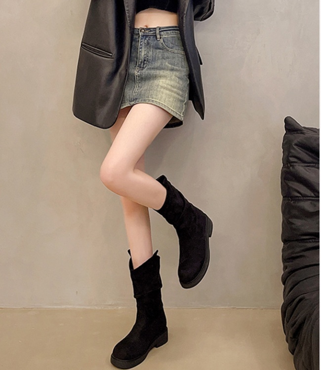 Retro fold thick thigh boots round flat boots