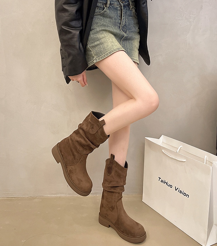 Retro fold thick thigh boots round flat boots