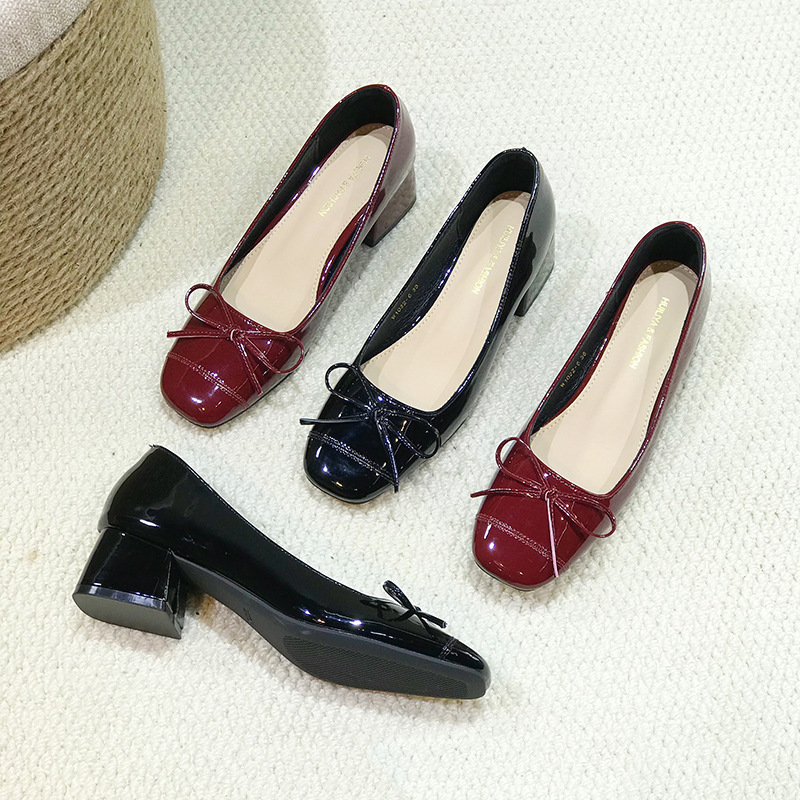 France style temperament low wine-red shoes for women