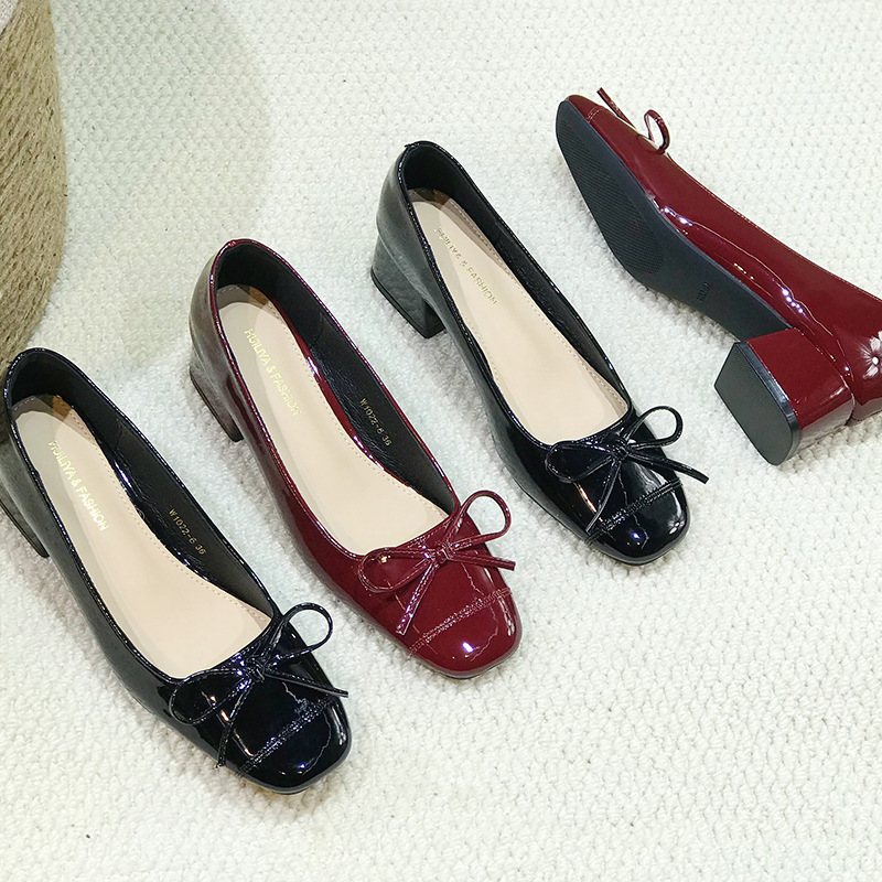 France style temperament low wine-red shoes for women