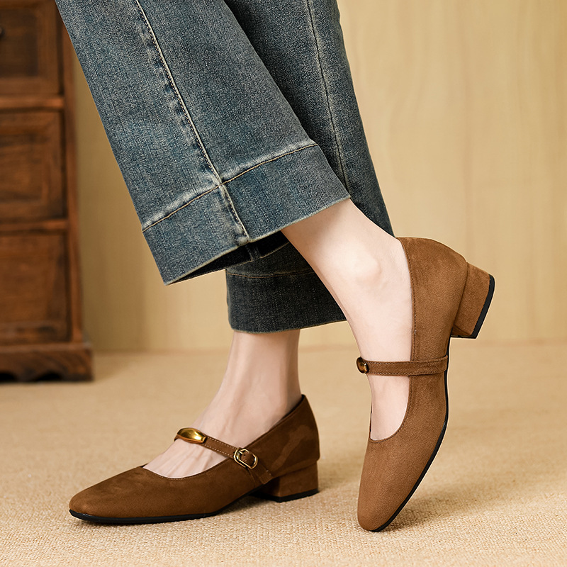 Temperament square head shoes low France style skirt for women