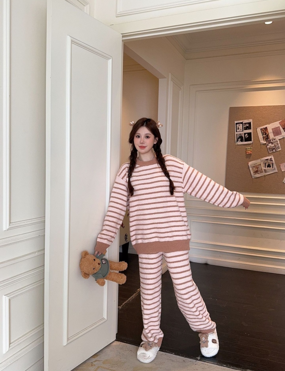 Autumn and winter stripe thermal pajamas a set for women