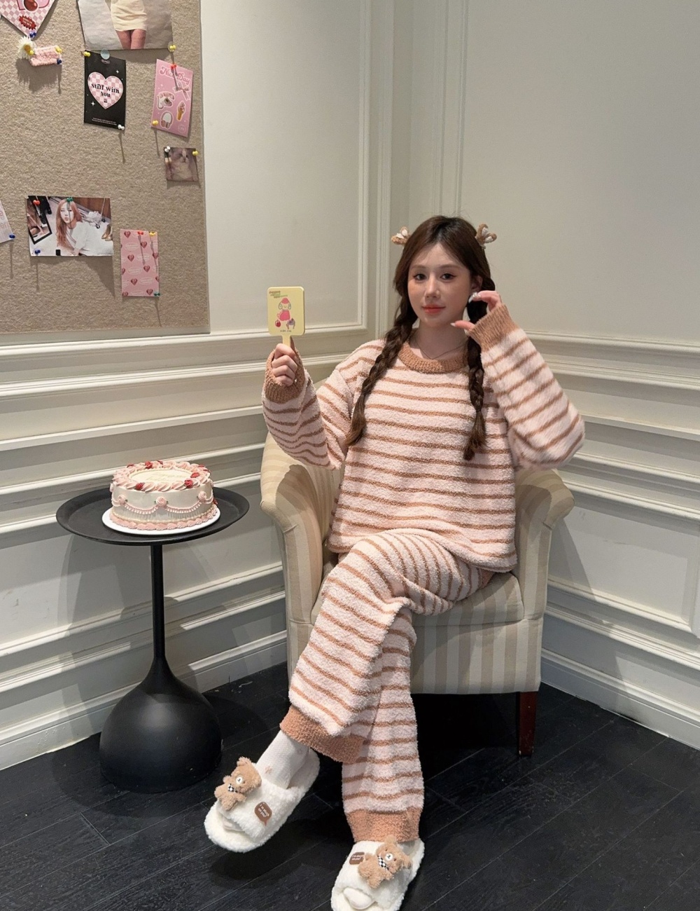 Autumn and winter stripe thermal pajamas a set for women