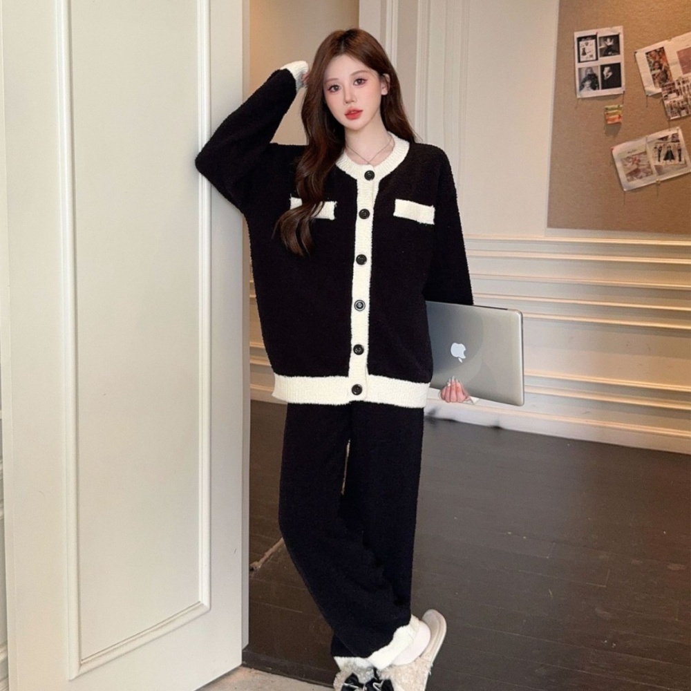 Thick thermal soft pajamas chanelstyle homewear cardigan a set