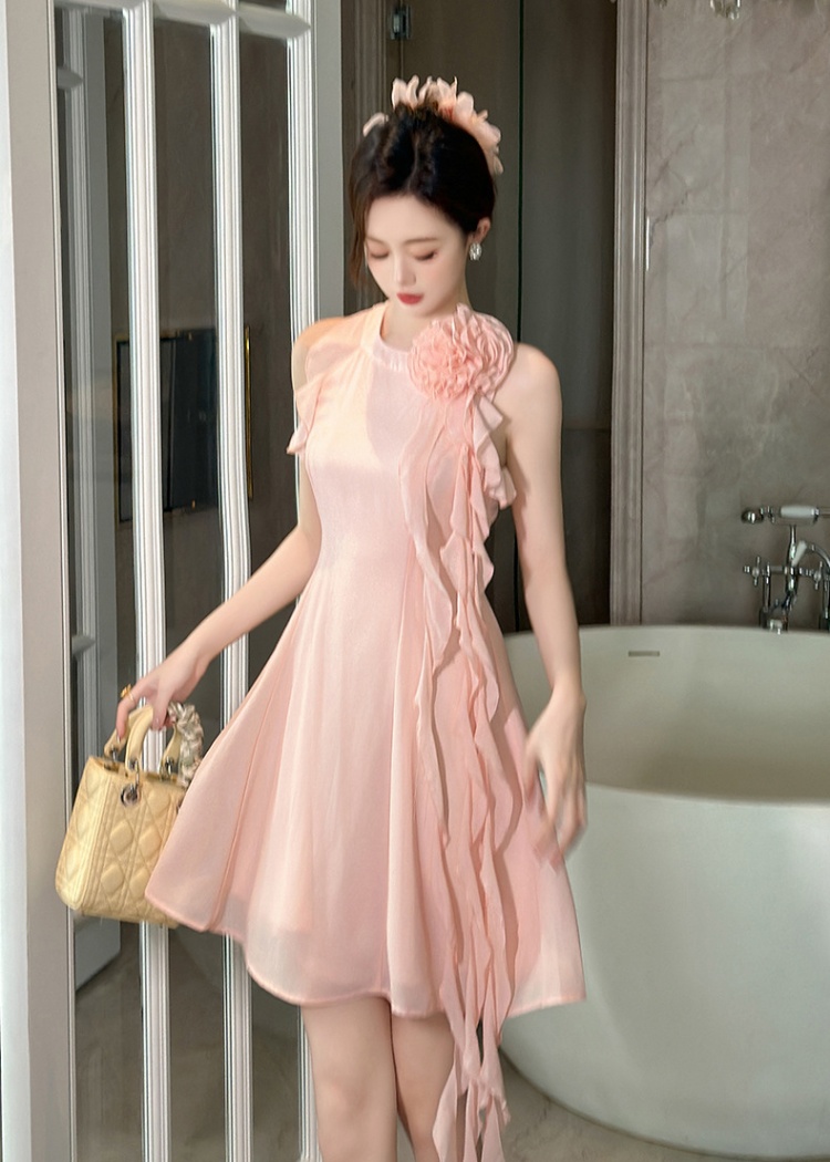 Sweet pinched waist flowers A-line dress for women