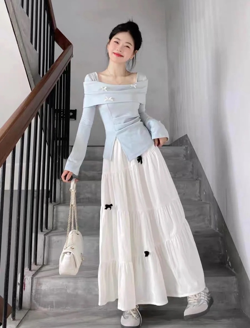 Long sleeve skirt flat shoulder long skirt a set