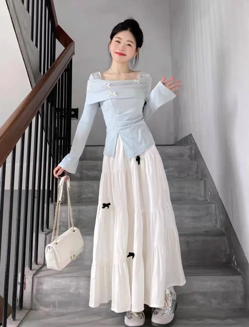 Long sleeve skirt flat shoulder long skirt a set