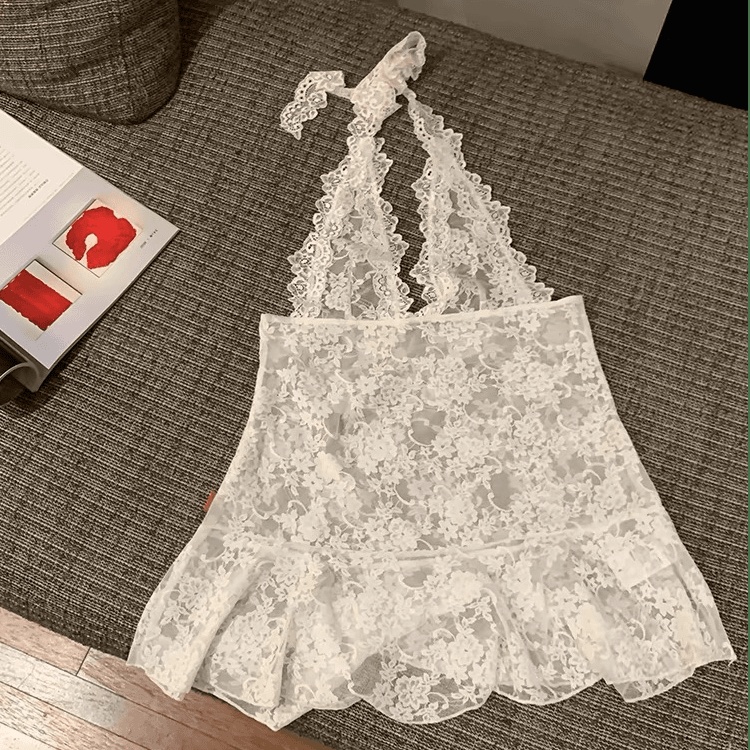 Bandage cake lace sling skirt high waist knitted hollow smock