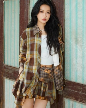 Niche plaid washed shirt fashion spring skirt a set