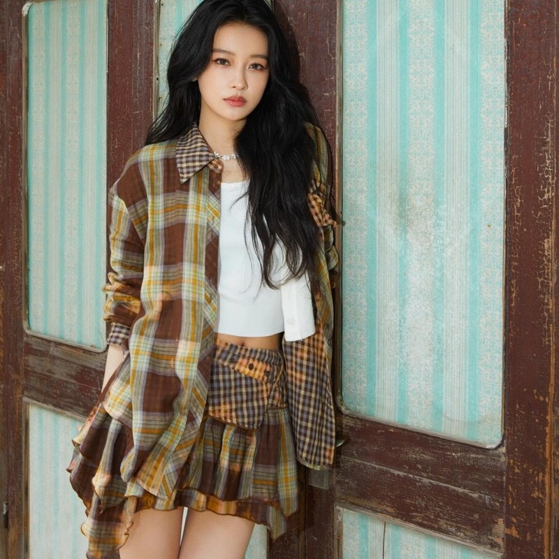 Niche plaid washed shirt fashion spring skirt a set