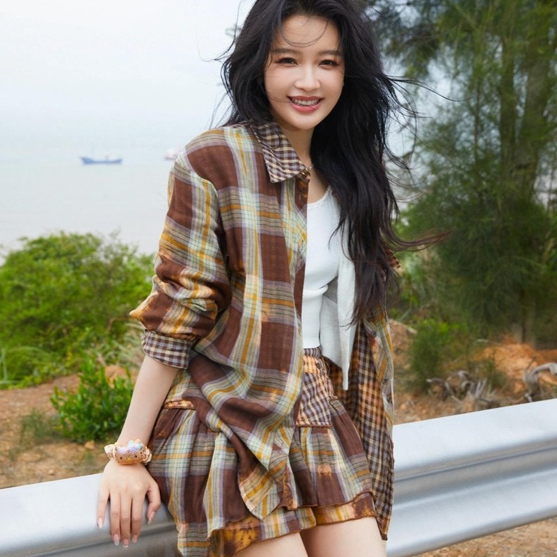 Niche plaid washed shirt fashion spring skirt a set