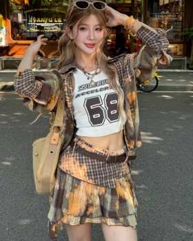 Niche loose spring shirt fashion plaid skirt 2pcs set