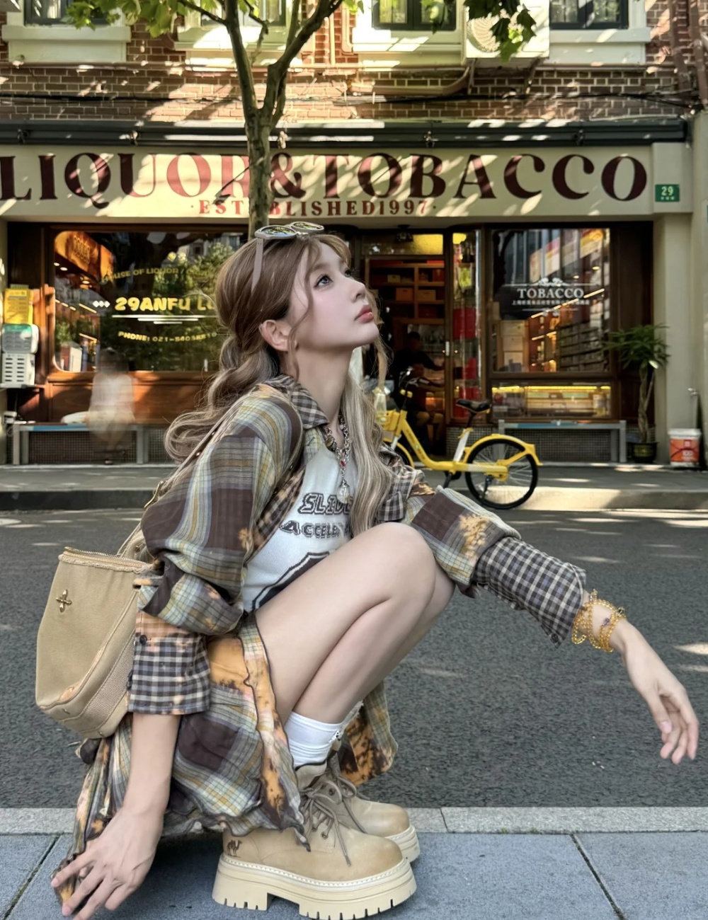 Niche loose spring shirt fashion plaid skirt 2pcs set