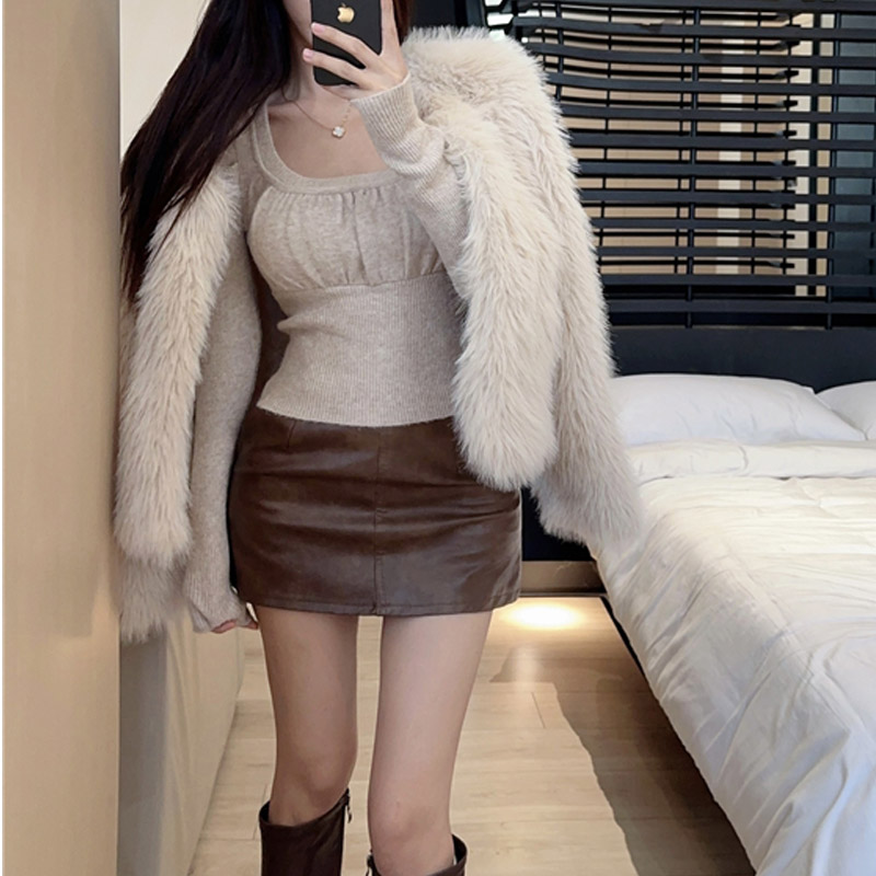 Bottoming puff sleeve sweater slim pinched waist tops