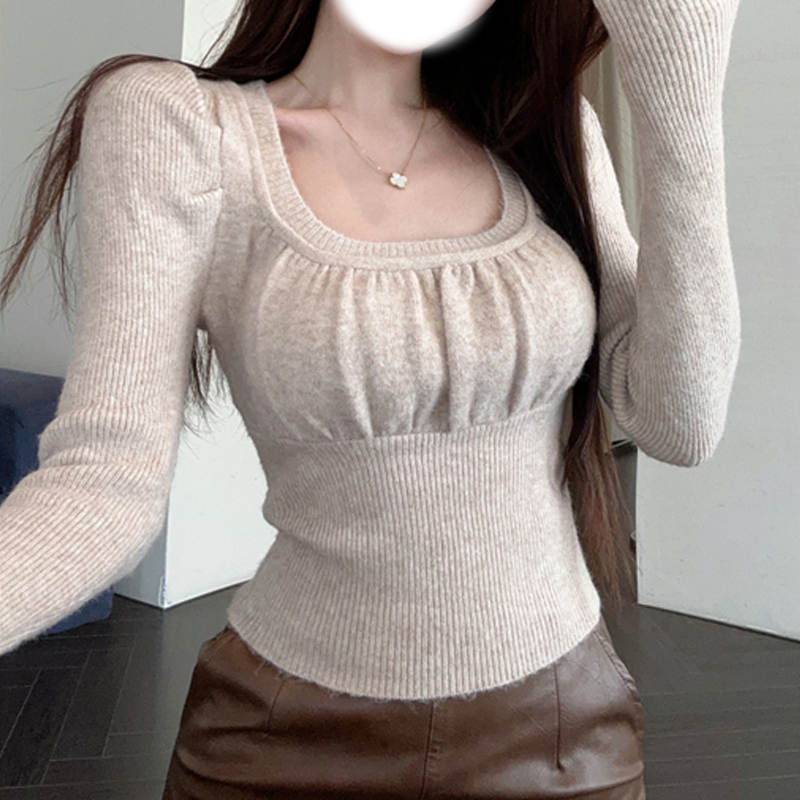 Bottoming puff sleeve sweater slim pinched waist tops