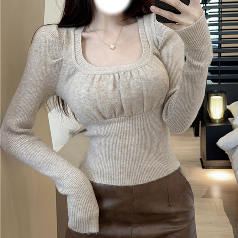 Bottoming puff sleeve sweater slim pinched waist tops