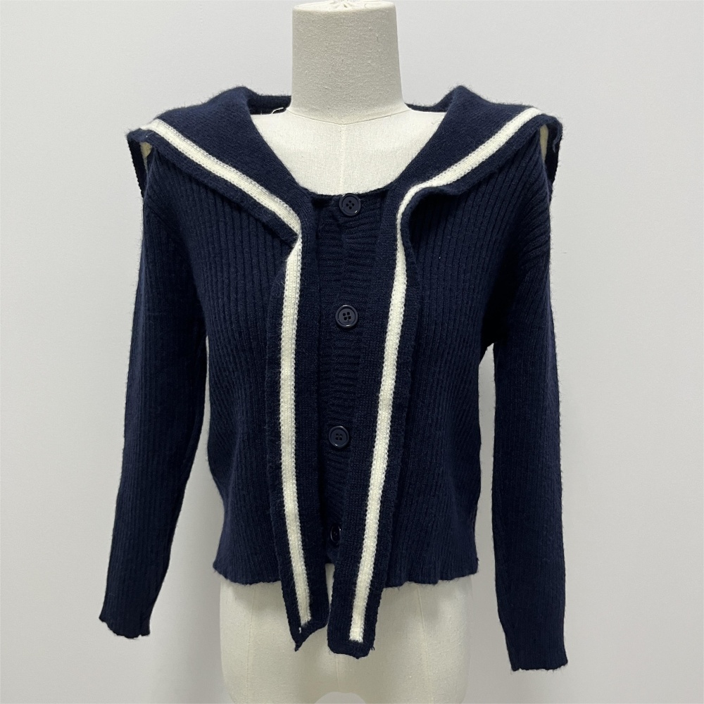 Navy collar knitted shawl stripe tops for women