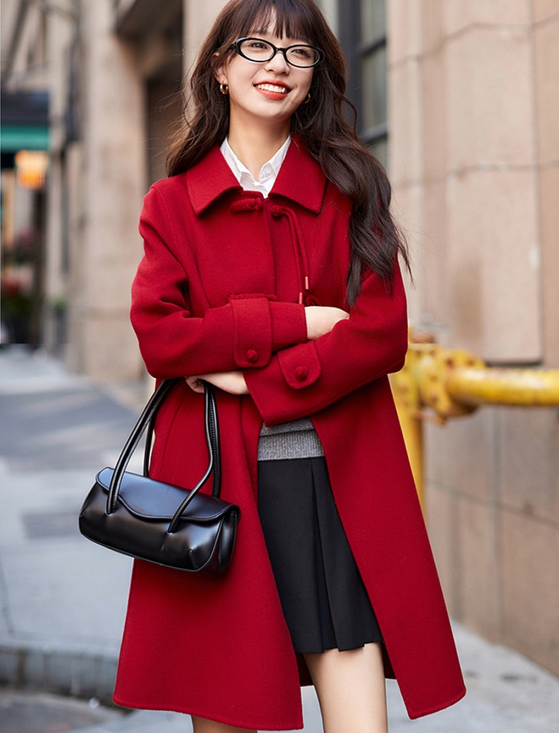 Small fellow woolen overcoat red woolen coat for women