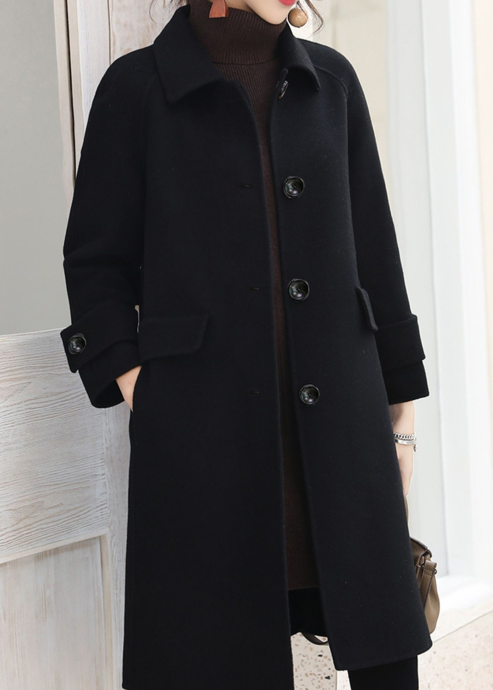 Straight Korean style coat black overcoat for women