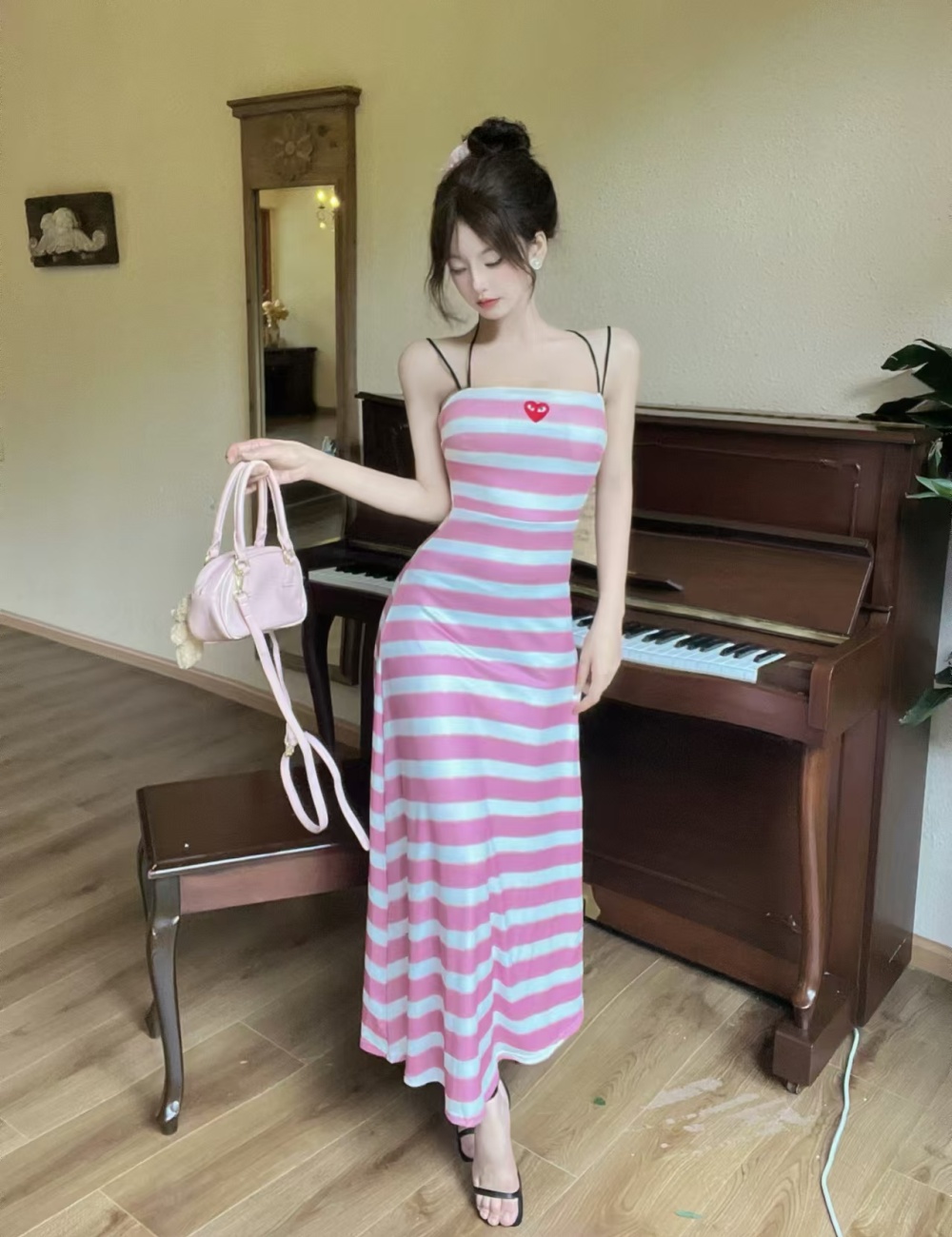 Bottoming sexy knitted sling long halter stripe dress