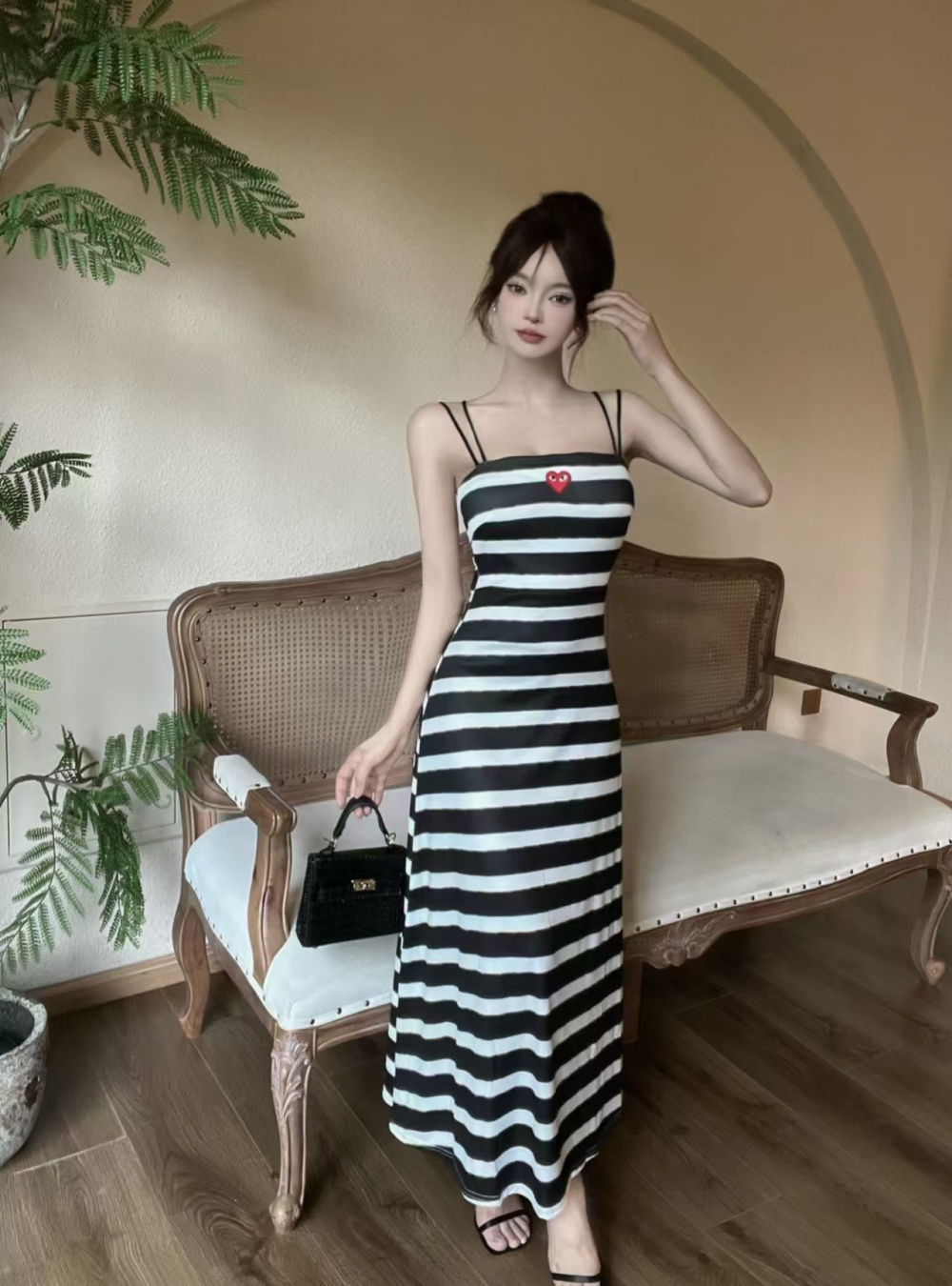 Bottoming sexy knitted sling long halter stripe dress